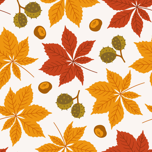 Autumn seamless pattern with horse chestnut leaves and seeds. Vector illustration on white background. Fall ornament. Foliage print for fabric, package, wrapping, wall art. Red, orange, green colors. - Вектор, зображення