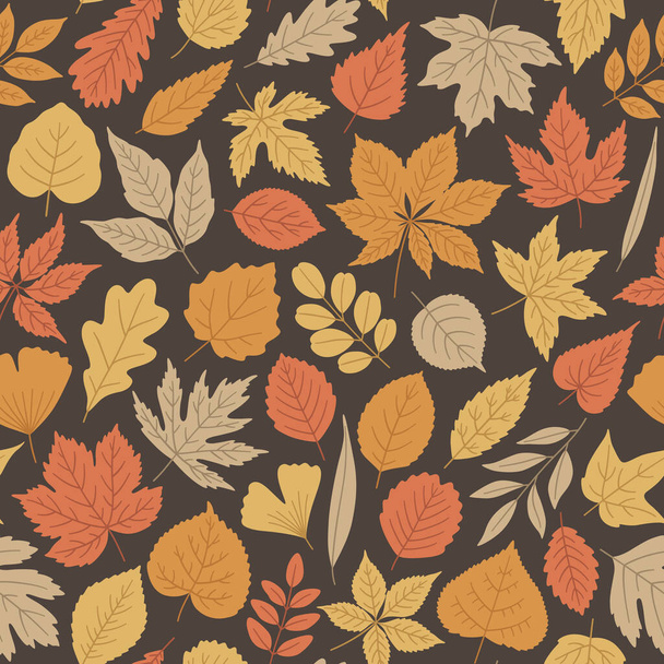 Seamless autumn pattern with cute leaves of maple, oak, linden, birch, ginkgo, etc. Vector illustration on brown background. Red, orange, yellow colors. Fashion print for fabric, package, wrapping - Вектор,изображение
