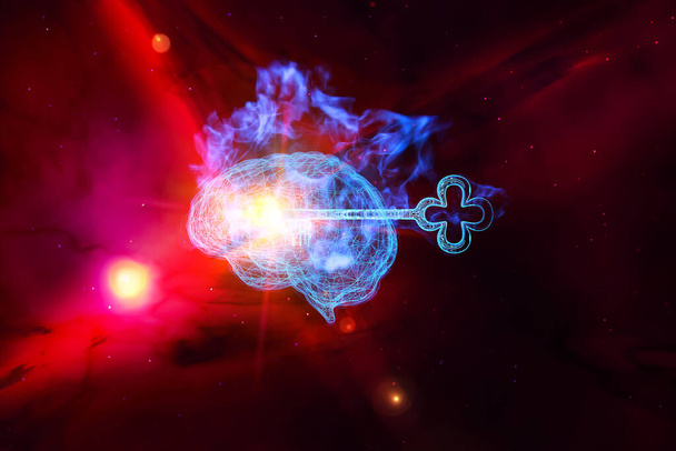 3D Rendering of a Key Penetrate inside a Wire Brain with Blue Fire Flame - Zdjęcie, obraz