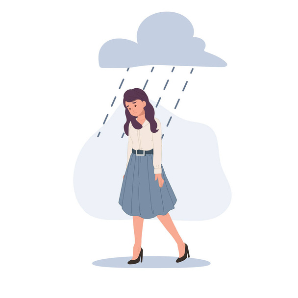 Traurige Frau, die im Regen geht. Bewölktes Wetter. Emotionen. Einsamkeit. Vektorillustration  - Vektor, Bild