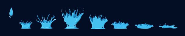 Falling blue drop animation. Liquid in gradual frame bymframe motion with surface impact and various vector splash effects - Vector, Image