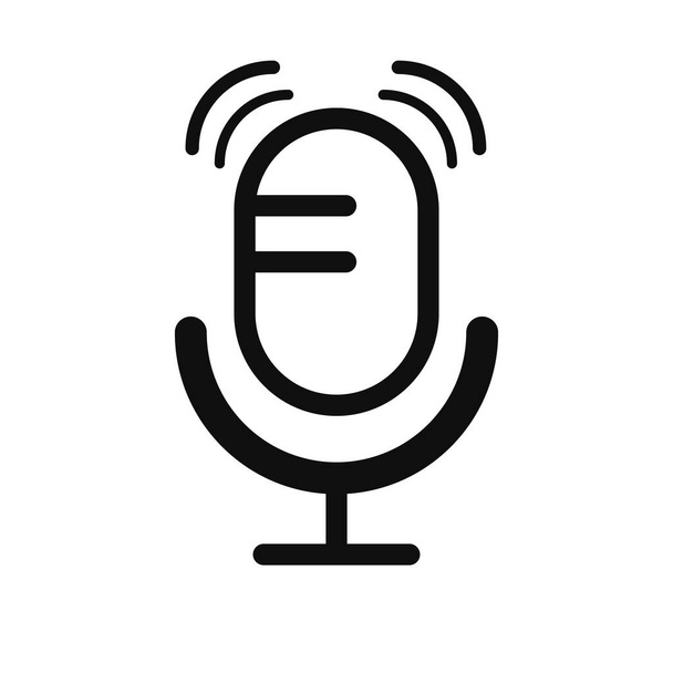 Черный микрофон на значке стойки. Аудио устройство для воспроизведения музыки и онлайн-трансляции с научными и развлекательными темами - Вектор,изображение