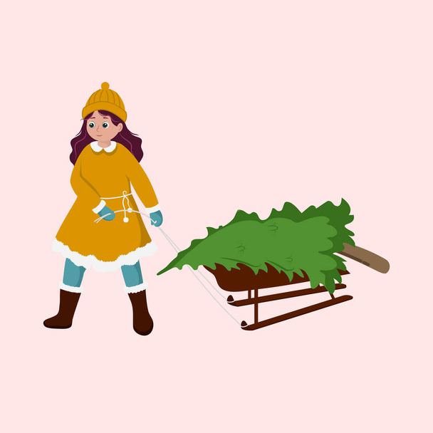 Illustration Of Young Girl Carrying A Sled With Xmas Tree Against Pink Background. - Vektör, Görsel