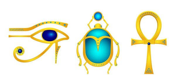 Ägyptische antike Goldsymbole sind Talismane. Antikes Horusauge mit blauen Edelsteinen und mythischem Skarabäus mit Scheibe mystischer Kreuzvektor ankh - Vektor, Bild