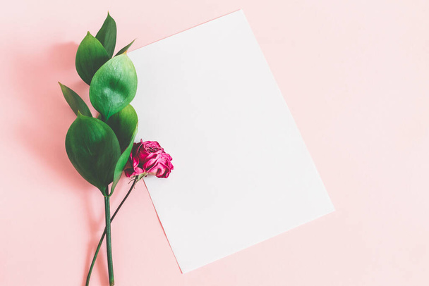 Valkoinen paperiarkki vaaleanpunainen tausta vihreät lehdet ja kuiva vaaleanpunainen ruusu ylhäältä näkymä mallinnus. Kukka tausta kirjoitus kopioida tilaa. - Valokuva, kuva