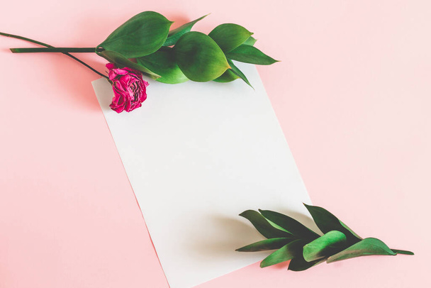 White sheet of paper on a pink background with green leaves and a dry pink rose top view mockup. Floral background for lettering with copy space. - Photo, image