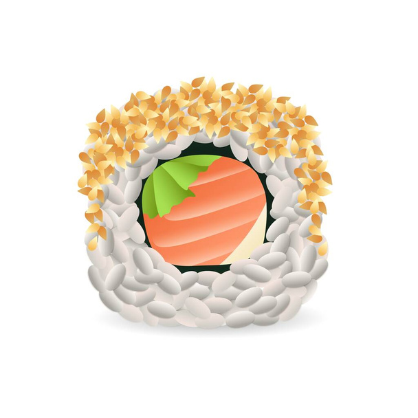 Realistische Sushi-Rolle. Sashimi Meeresfrüchte und Reisbrötchen mit traditionellem Rezept und köstlichen natürlichen Vektorzutaten - Vektor, Bild