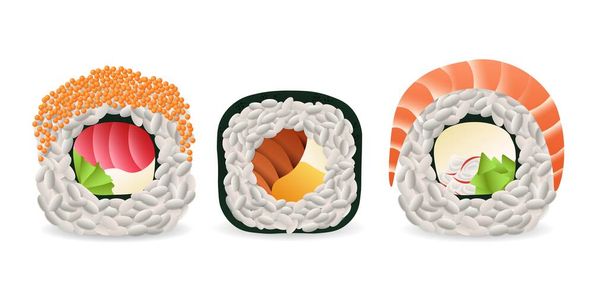 Colored realistic sushi set. Sashimi seafood and rice rolls with traditional recipe and delicious natural vector ingredients - Vector, Image