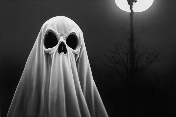 Kaszás éjjel gyűjti a lelkeket. Halloween fesztivál koncepció. Fekete-fehér digitális művészet, 3D illusztráció - Fotó, kép