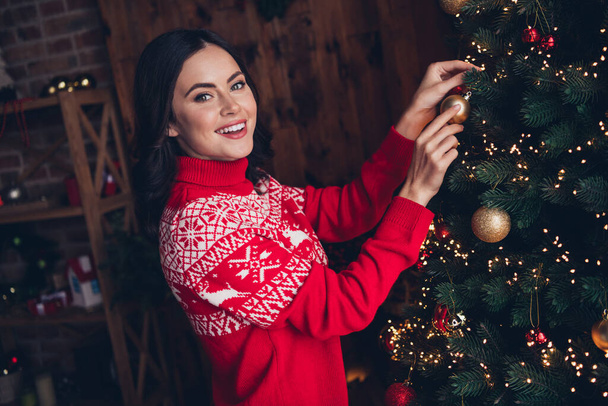 Profile portrait of positive lovely lady hands hold hanging bauble toy tree have good mood indoors. - Fotoğraf, Görsel