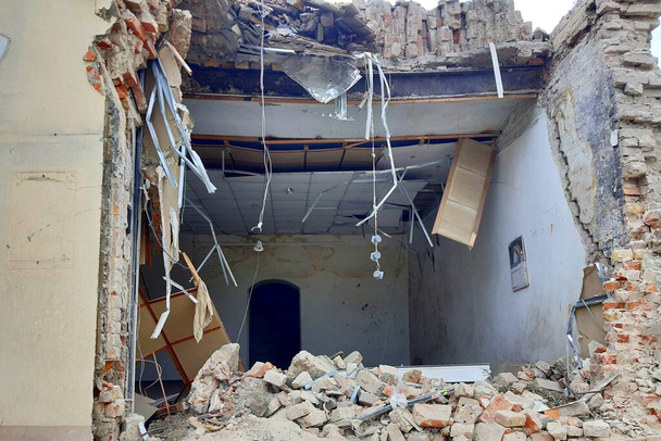 Russia war in Ukraine. Destroyed civilian building after rocket attack of Russian in Ukrainian city Dnipro, shelling, destruction of house. Ukraine, September 2022 - Photo, Image