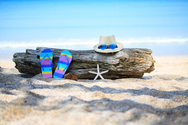 Letní slaměný klobouk s přezůvkami a hvězda ryb - Fotografie, Obrázek