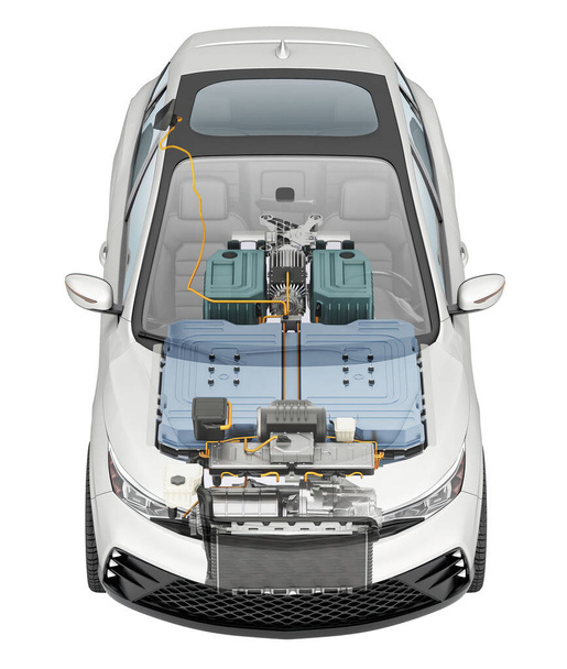 Elektro-generisches Auto technische Cutaway 3D-Rendering mit allen wichtigen Details des EV-Systems in Ghost-Effekt. Vogelperspektive auf weißem Hintergrund: - Foto, Bild