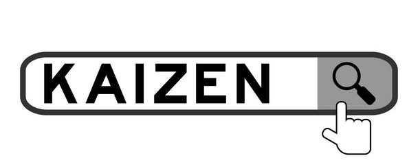 Поиск баннер в слове Kaizen с рукой на лупу значок на белом фоне - Вектор,изображение
