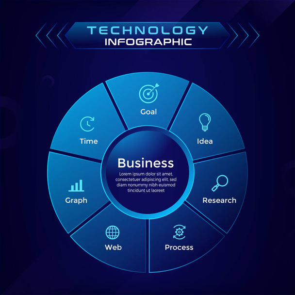プレゼンテーション技術ビジネスインフォグラフィック円、プロセスチャート、サイクル図7つのステップ。ビジネスプレゼンテーション、レポート、パンフレットのベクトルテンプレート. - ベクター画像