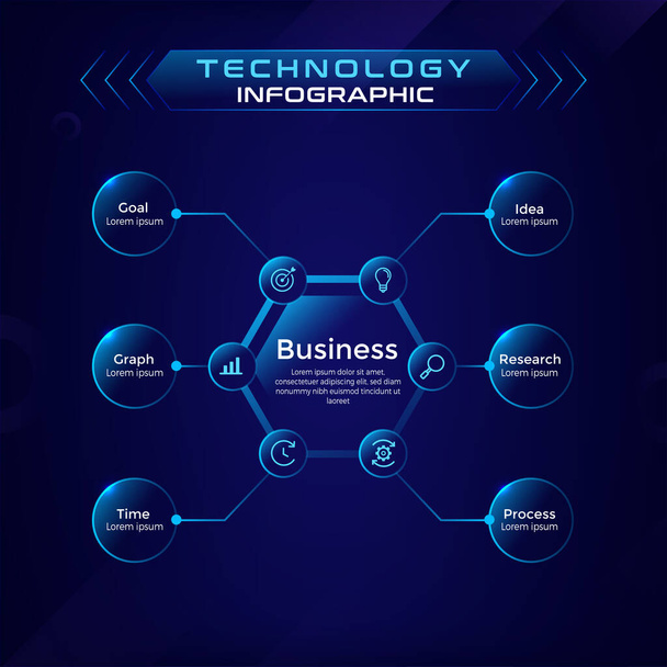 Presentatie Technologie Business Infographic hexagonaal ontwerp met zes cirkel opties om grafiek, grafiek, business concept-Vector illustratie presenteren - Vector, afbeelding