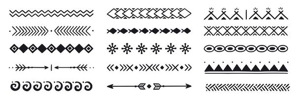 Hand drawn folk motif, ethnic pattern set. Peru, mexican, aztec drawn border pattern. Boho, indian decoration, arrow element. Vector illustration. - Vetor, Imagem