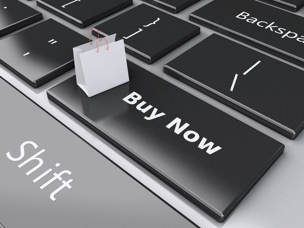 3d Shopping bag on computer keyboard. Online shopping concept. - Photo, Image