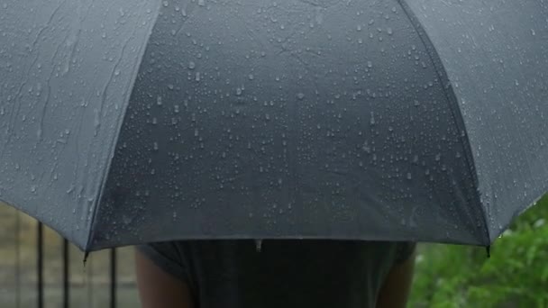 Deszcz na szarym parasolu. Srebrny parasol w deszczu wieczorem Bangkok. Krople deszczu spadające na parasol. Reprezentują złą pogodę pory deszczowej zimy lub ochrony. Osoba i parasol w deszczu. - Materiał filmowy, wideo