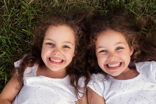 Top view of smiling little twin sisters with curly hair lying on meadow in nature and looking at camera - Foto, Imagen