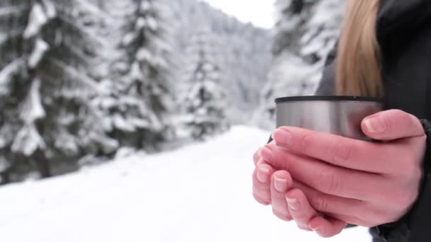 冬の自然を背景にした屋外でお茶を飲む女の子のクローズアップ。美しい冬の雪の森 - 映像、動画