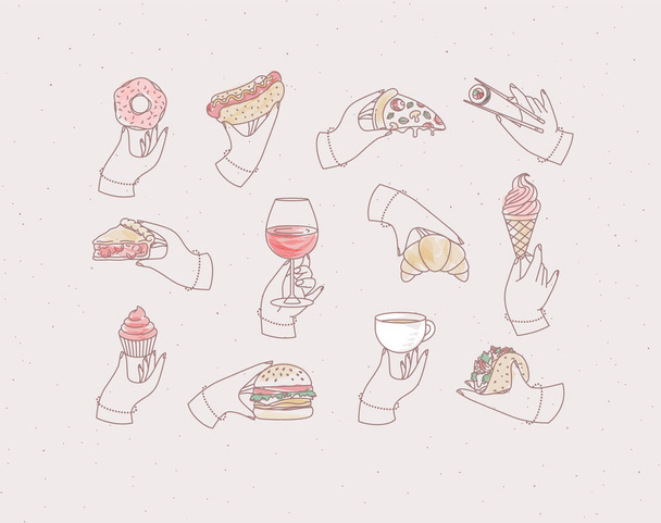 Set of renaissance hands holding donut, hot dog, pizza, sushi, pie, glass of wine, croissant, ice cream, cupcake, burger, coffee, taco drawing with color on light pink background - Vector, Image