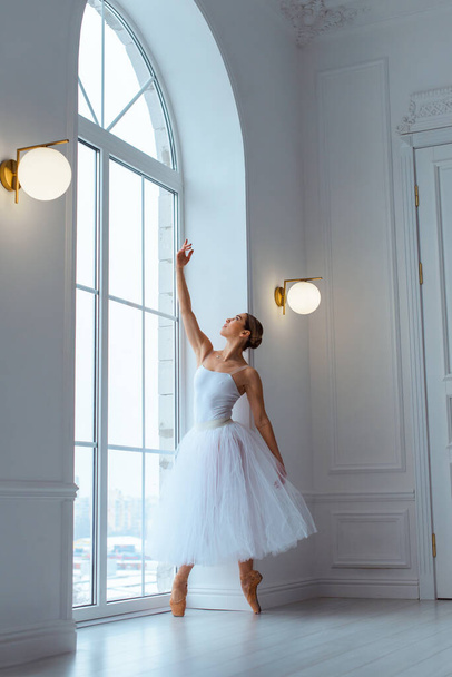 Ballerina in long white tulle skirt in  room against  backdrop of large window, pose on tiptoe - Photo, Image