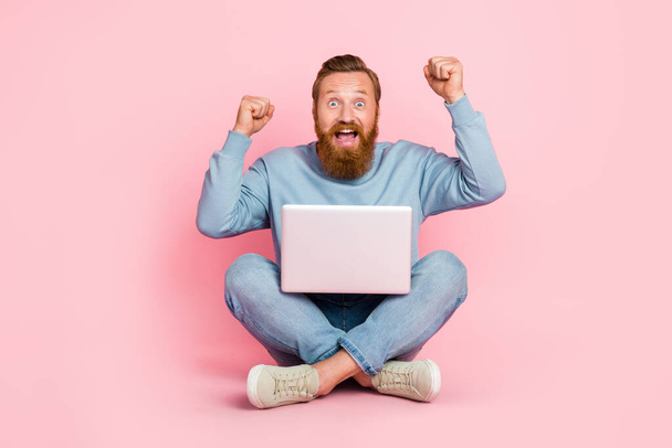 Full length photo of delighted excited person raise fists achievement luck isolated on pink color background. - Foto, afbeelding