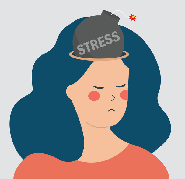 Human mood scale. Woman carrying accumulate stress and emotional overload about to get hysteria or burnout. Illustration of burning fuse of daily pressure. Mental health disorder or illness concept. - Vector, Image