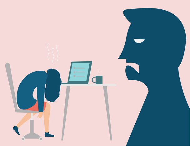 Business woman exposed to abuse and pressure at work. Freelancer or worker sitting with head down on laptop while the boss yells at her. Professional burnout syndrome or labor exploitation concept. - Vector, Image