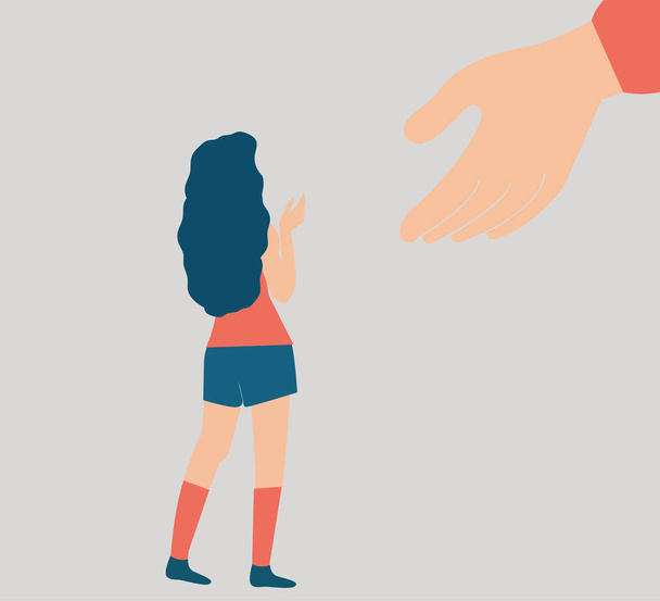 Big hand helps a woman in back view to get rid of depression, stress. Extending hand supports a girl with psychological problems. Illustration of faith in God, new life. Mental health disorder concept - Vector, Image