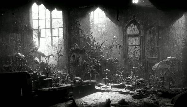 Fundo borrado de casa assombrada decrépito no escuro, conceito de fundo de Halloween. Renderização 3D - Foto, Imagem