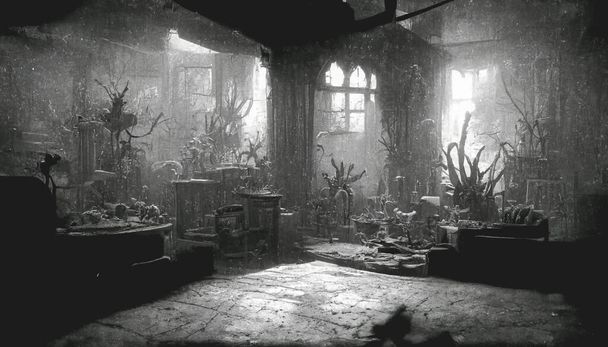 Fondo borroso de la casa embrujada decrépita en la oscuridad, concepto de fondo de Halloween. Renderizado 3D - Foto, imagen