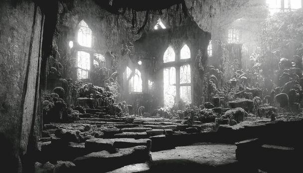 Verschwommener Hintergrund eines heruntergekommenen Geisterhauses im dunklen, Halloween-Hintergrundkonzept. 3D-Renderer - Foto, Bild