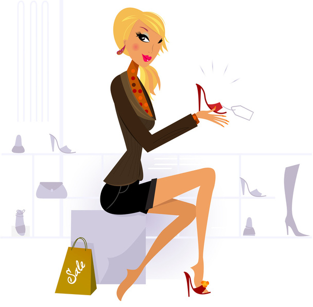 Blond hair woman buying fashion red Shoe in Store - Vector, Image