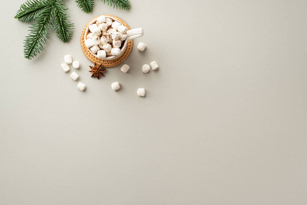 Winter inspiration concept. Top view photo of cup of hot drinking scattered marshmallow and pine branch on isolated grey background with copyspace - Photo, Image