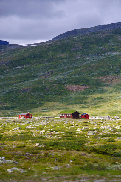 typical norwegian houses in a beautiful green mountain landscape - Foto, Imagem