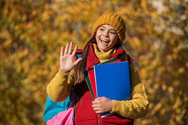 happy teen child back to school in autumn. hello. - Fotó, kép