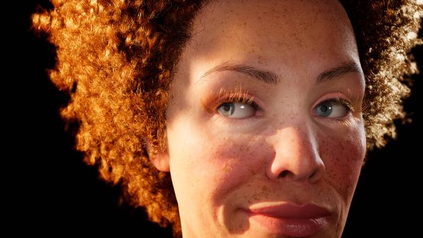 Hermoso modelo femenino primer plano con corte de pelo afro y pecas sonriente realista 3d representación 3d ilustración - Foto, Imagen