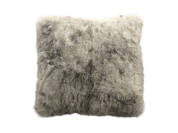 Beige fluffy square eco fur throw pillow. Accent pillow with cotton fabric base and long pile on white background. Mid-century, Farmhouse, Chalet, Scandinavian interior. 3d render - Photo, Image