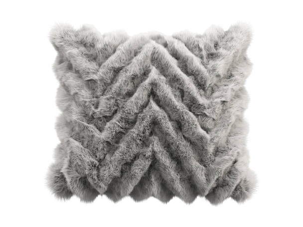 Gray fluffy square eco fur throw pillow with geometric pattern. Accent pillow with cotton fabric base and long pile on white background. Mid-century, Farmhouse, Chalet, Scandinavian interior. 3d render - Photo, Image