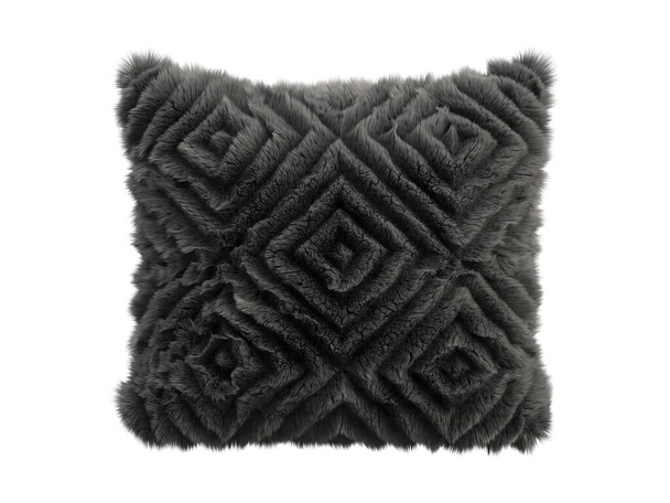 Black fluffy square eco fur throw pillow with geometric pattern. Accent pillow with cotton fabric base and long pile on white background. Mid-century, Farmhouse, Chalet, Scandinavian interior. 3d render - Photo, Image