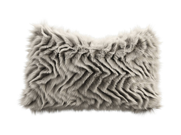 Beige fluffy rectangular eco fur throw pillow with geometric pattern. Accent pillow with cotton fabric base and long pile on white background. Mid-century, Farmhouse, Chalet, Scandinavian interior. 3d render - Photo, Image