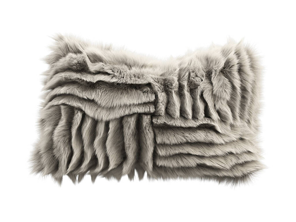 Μπεζ χνουδωτό ορθογώνιο οικολογικό γούνινο μαξιλάρι με γεωμετρικό σχέδιο. Μαξιλάρι έμφασης με βαμβακερή υφασμάτινη βάση και μακρύ πέλος σε λευκό φόντο. Μεσαίωνας, Φάρμχαουζ, Σαλέ, Σκανδιναβικό εσωτερικό. 3d απόδοση - Φωτογραφία, εικόνα