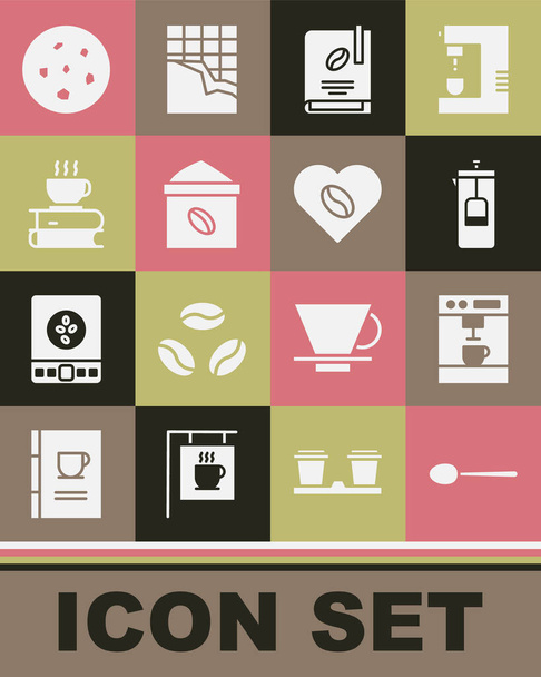 Set Spoon Coffee machine French press book Bag coffee beans cup and Cookie or biscuit and Lovers icon. Vector. - Wektor, obraz