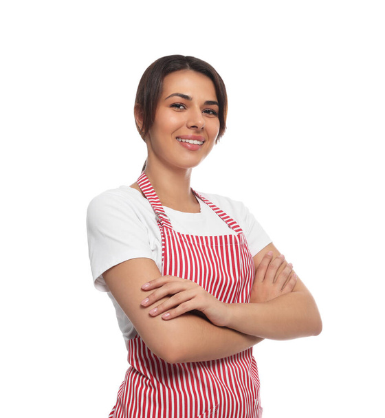 Young woman in red striped apron on white background - Fotoğraf, Görsel