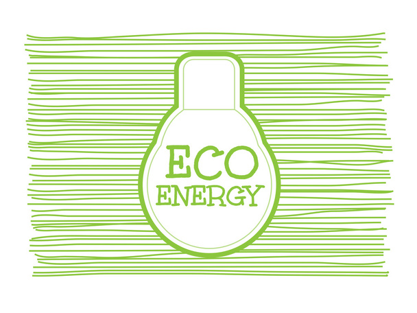 Palabra de energía ecológica combinada con bombilla sobre fondo de línea verde garabato
 - Vector, imagen