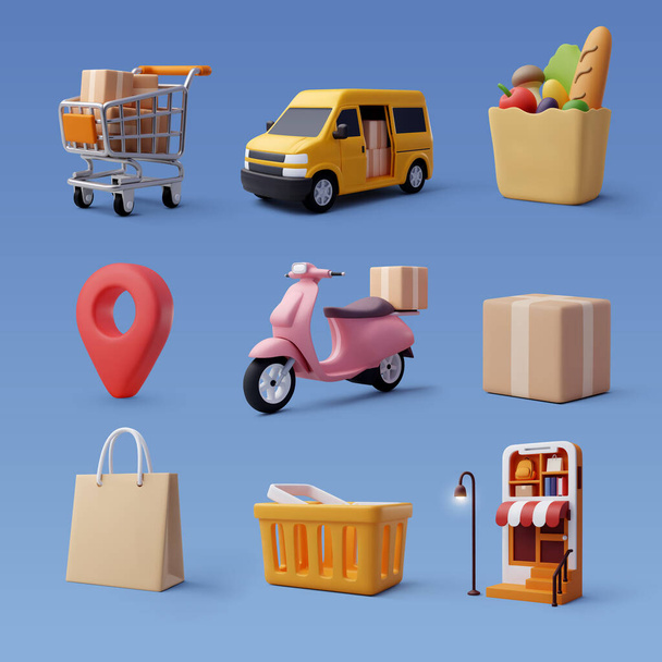 Set di 3d icona dello shopping online, Business e concetto di spedizione gratuita. - Vettoriali, immagini
