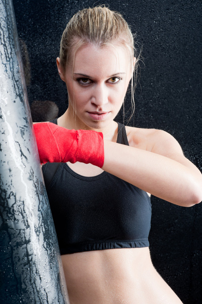 Boxing training blond woman sparring - 写真・画像
