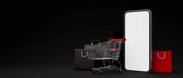 Çevrimiçi alışveriş arkaplanı, akıllı telefon beyaz ekran modeli, alışveriş arabası, alışveriş torbaları ve siyah arka planda fotokopi alanı. Çevrimiçi alışveriş başvurusu modeli. 3d görüntüleme, 3d illüstrasyon - Fotoğraf, Görsel